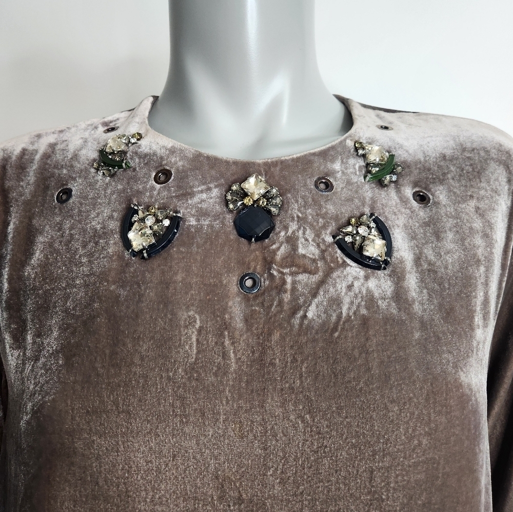 Dorothee Schumacher Jewel Collar Brown Velvet Silk Short Sleeve Blouse Size M - Picture 2 of 13